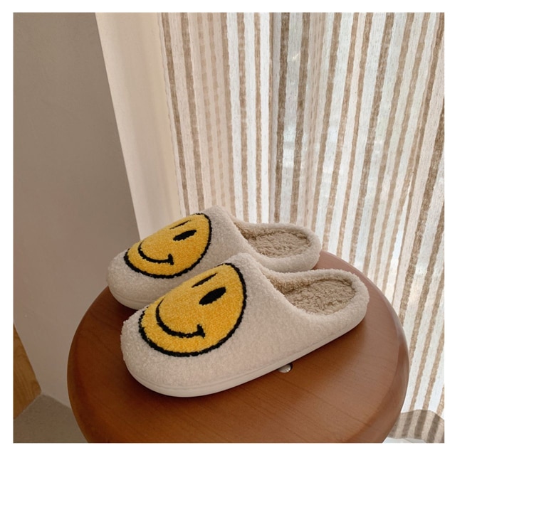 Winter Big Smiley Pattern Women Fur Slippers House Couples Men Fluffy Slides Autumn Warm Plush Bedroom Ladies Cotton Shoes