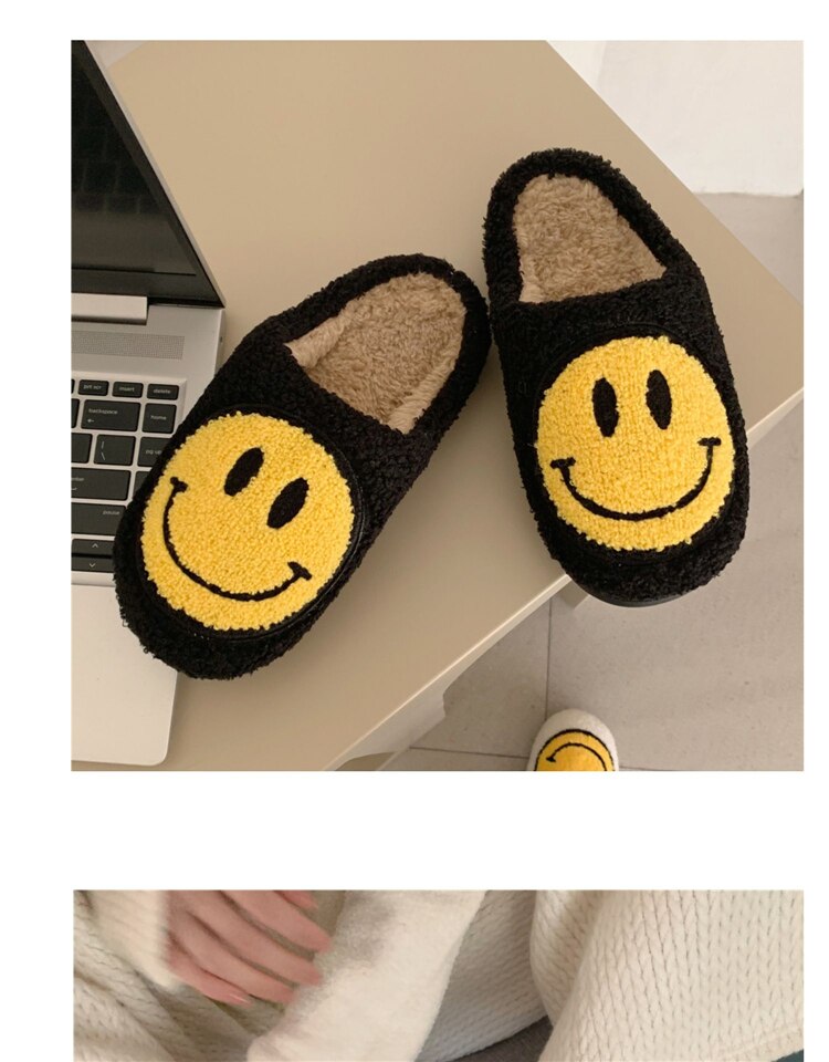 Winter Big Smiley Pattern Women Fur Slippers House Couples Men Fluffy Slides Autumn Warm Plush Bedroom Ladies Cotton Shoes