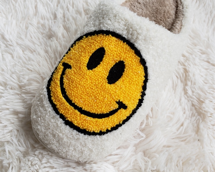 Winter Big Smiley Pattern Women Fur Slippers House Couples Men Fluffy Slides Autumn Warm Plush Bedroom Ladies Cotton Shoes