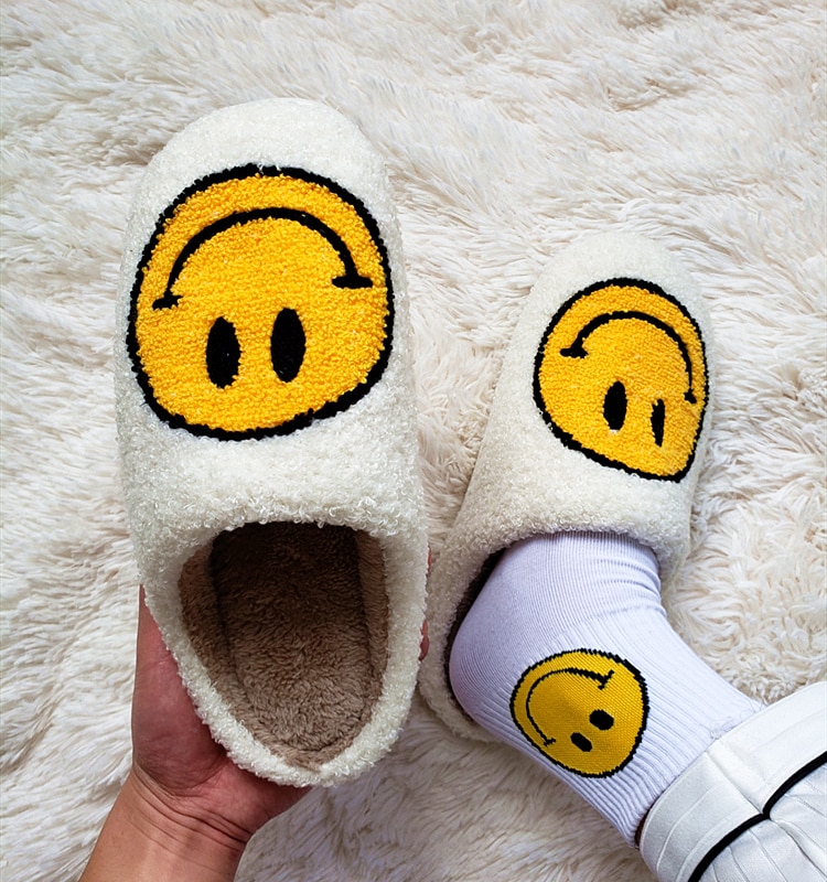 Winter Big Smiley Pattern Women Fur Slippers House Couples Men Fluffy Slides Autumn Warm Plush Bedroom Ladies Cotton Shoes