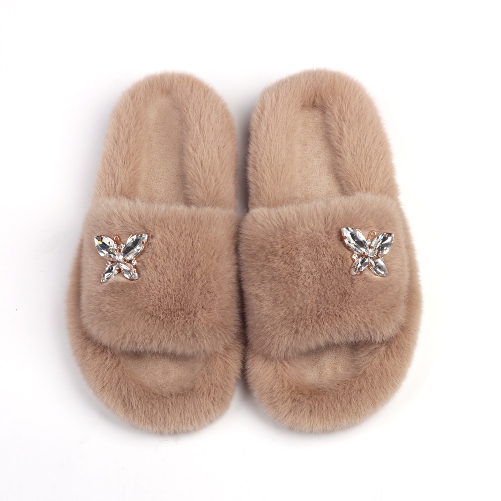 Fluffy Slippers Rhinestone Butterfly Faux Fur Slides Women Sandals Platform Flip Flops Crystal Indoor Slippers Luxury Flat Shoes