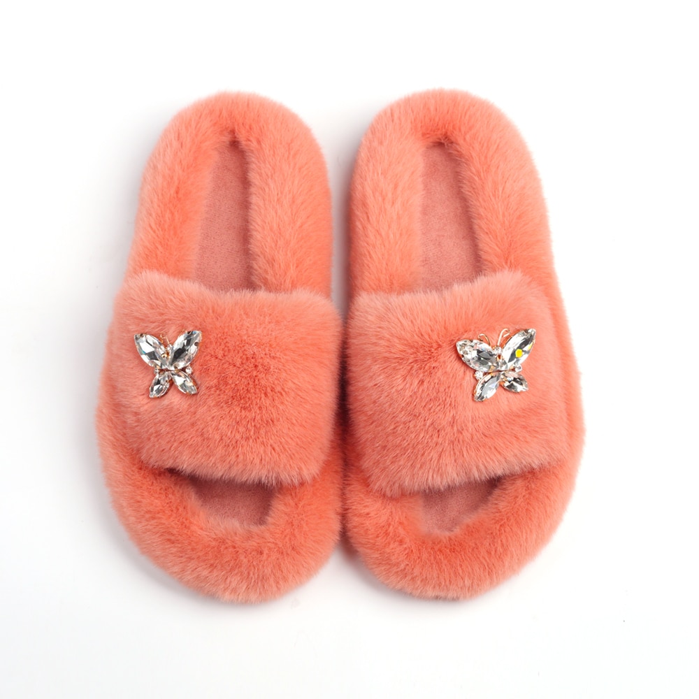 Fluffy Slippers Rhinestone Butterfly Faux Fur Slides Women Sandals Platform Flip Flops Crystal Indoor Slippers Luxury Flat Shoes