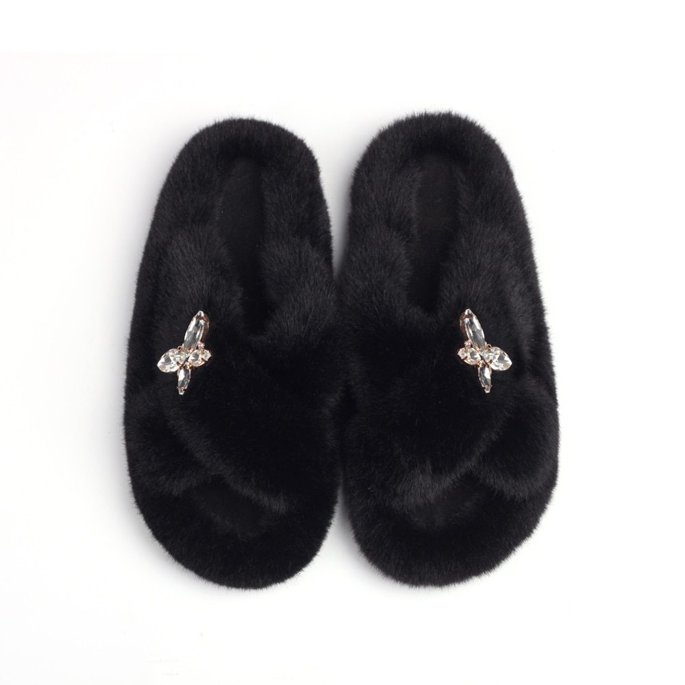 Fluffy Slippers Rhinestone Butterfly Faux Fur Slides Women Sandals Platform Flip Flops Crystal Indoor Slippers Luxury Flat Shoes