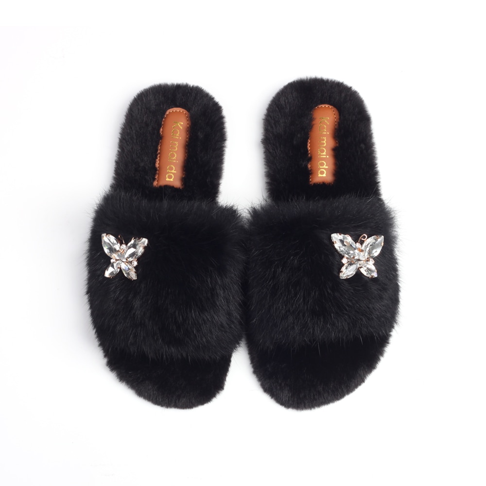 Fluffy Slippers Rhinestone Butterfly Faux Fur Slides Women Sandals Platform Flip Flops Crystal Indoor Slippers Luxury Flat Shoes