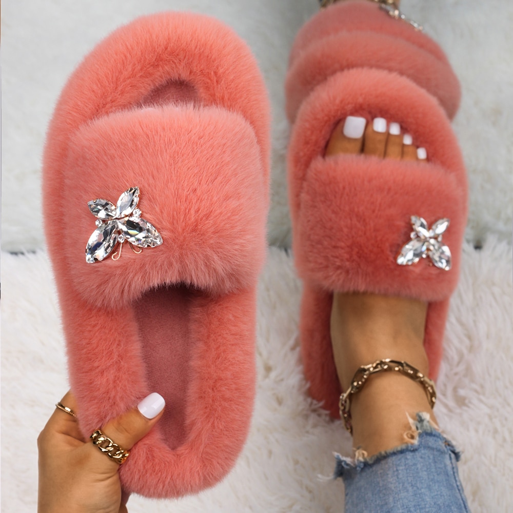 Fluffy Slippers Rhinestone Butterfly Faux Fur Slides Women Sandals Platform Flip Flops Crystal Indoor Slippers Luxury Flat Shoes