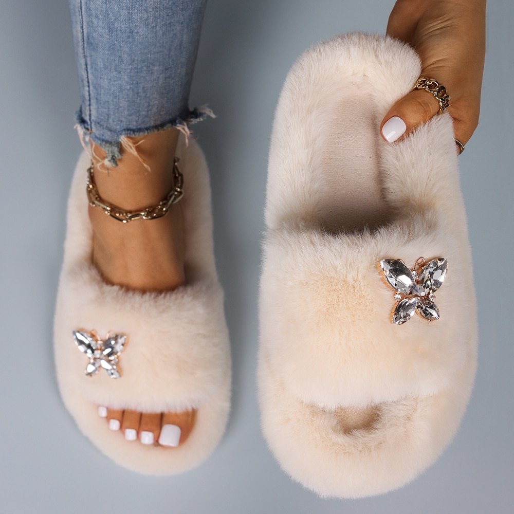 Fluffy Slippers Rhinestone Butterfly Faux Fur Slides Women Sandals Platform Flip Flops Crystal Indoor Slippers Luxury Flat Shoes