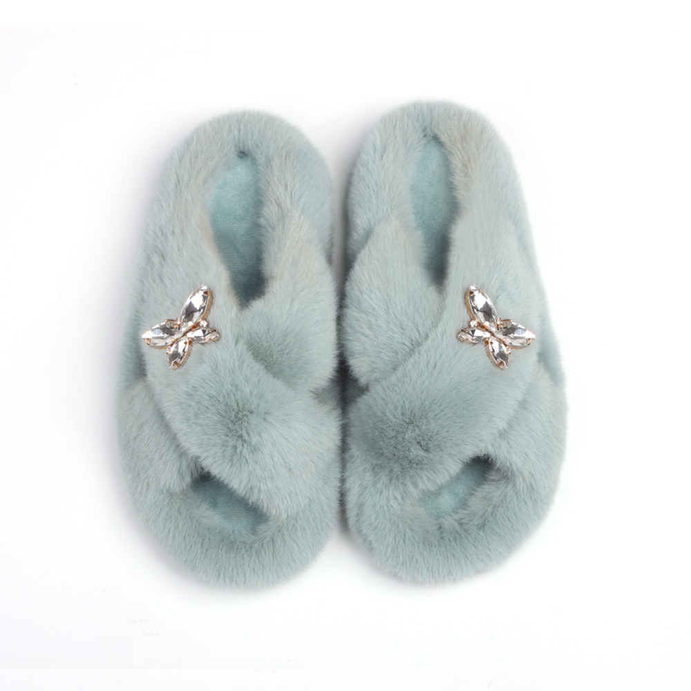 Fluffy Slippers Rhinestone Butterfly Faux Fur Slides Women Sandals Platform Flip Flops Crystal Indoor Slippers Luxury Flat Shoes