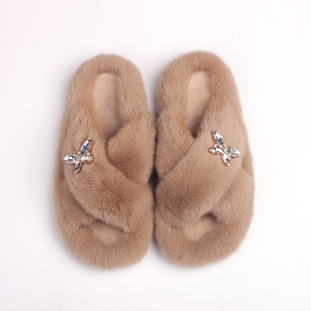 Fluffy Slippers Rhinestone Butterfly Faux Fur Slides Women Sandals Platform Flip Flops Crystal Indoor Slippers Luxury Flat Shoes