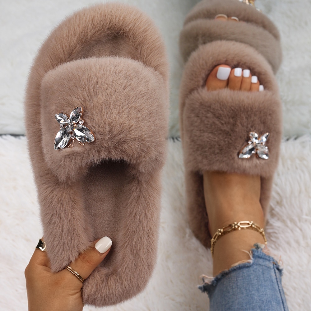 Fluffy Slippers Rhinestone Butterfly Faux Fur Slides Women Sandals Platform Flip Flops Crystal Indoor Slippers Luxury Flat Shoes