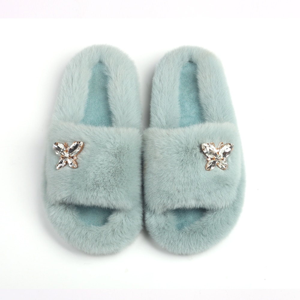 Fluffy Slippers Rhinestone Butterfly Faux Fur Slides Women Sandals Platform Flip Flops Crystal Indoor Slippers Luxury Flat Shoes