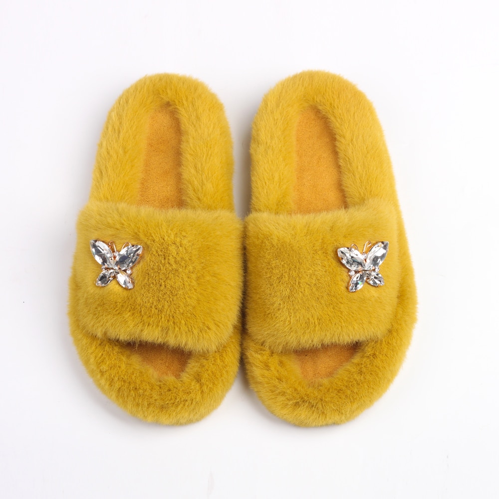 Fluffy Slippers Rhinestone Butterfly Faux Fur Slides Women Sandals Platform Flip Flops Crystal Indoor Slippers Luxury Flat Shoes