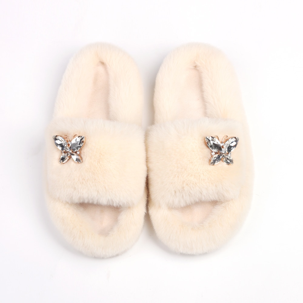 Fluffy Slippers Rhinestone Butterfly Faux Fur Slides Women Sandals Platform Flip Flops Crystal Indoor Slippers Luxury Flat Shoes