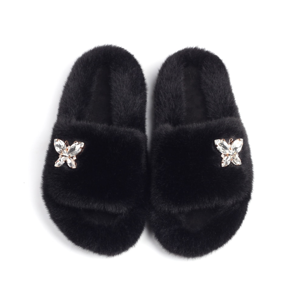 Fluffy Slippers Rhinestone Butterfly Faux Fur Slides Women Sandals Platform Flip Flops Crystal Indoor Slippers Luxury Flat Shoes