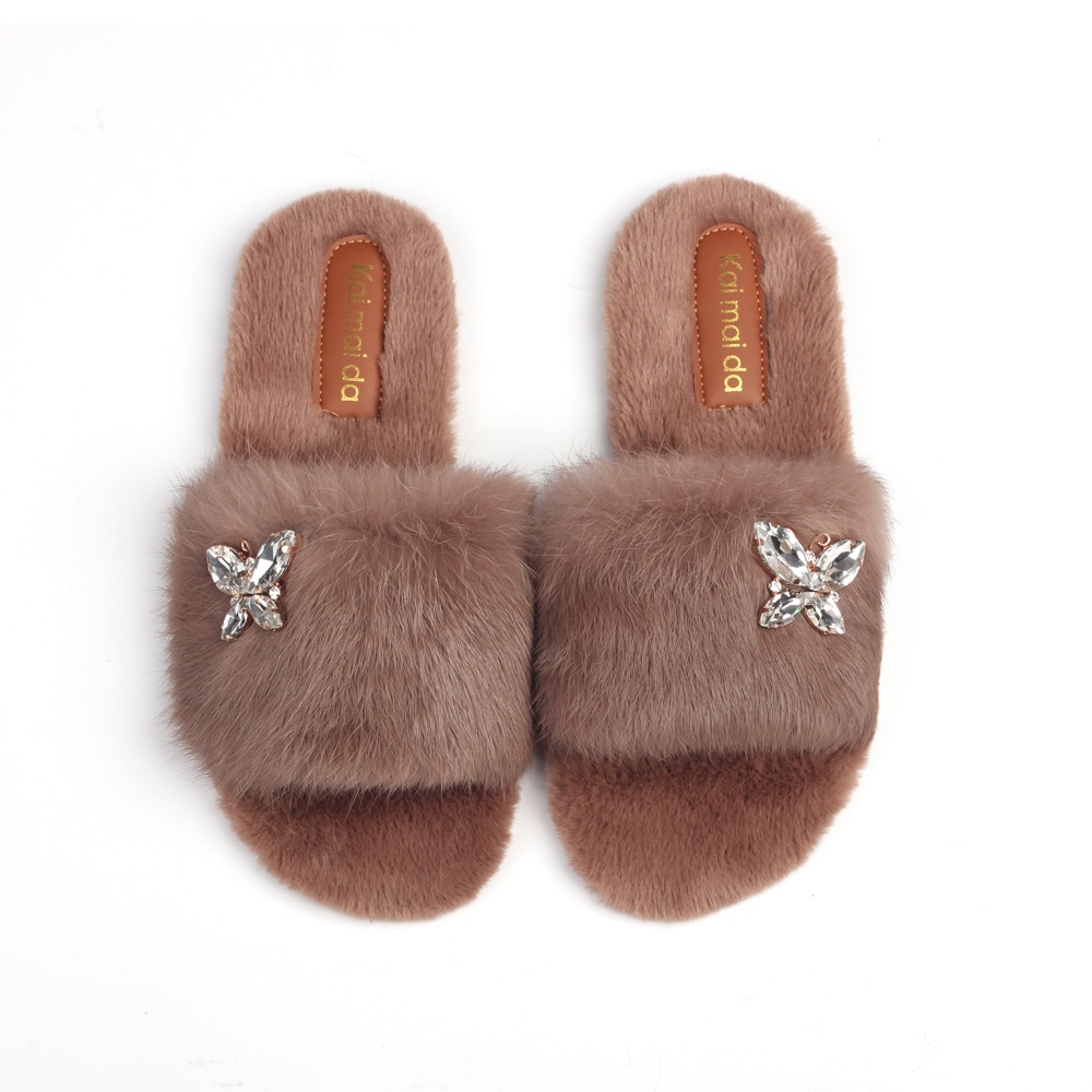 Fluffy Slippers Rhinestone Butterfly Faux Fur Slides Women Sandals Platform Flip Flops Crystal Indoor Slippers Luxury Flat Shoes