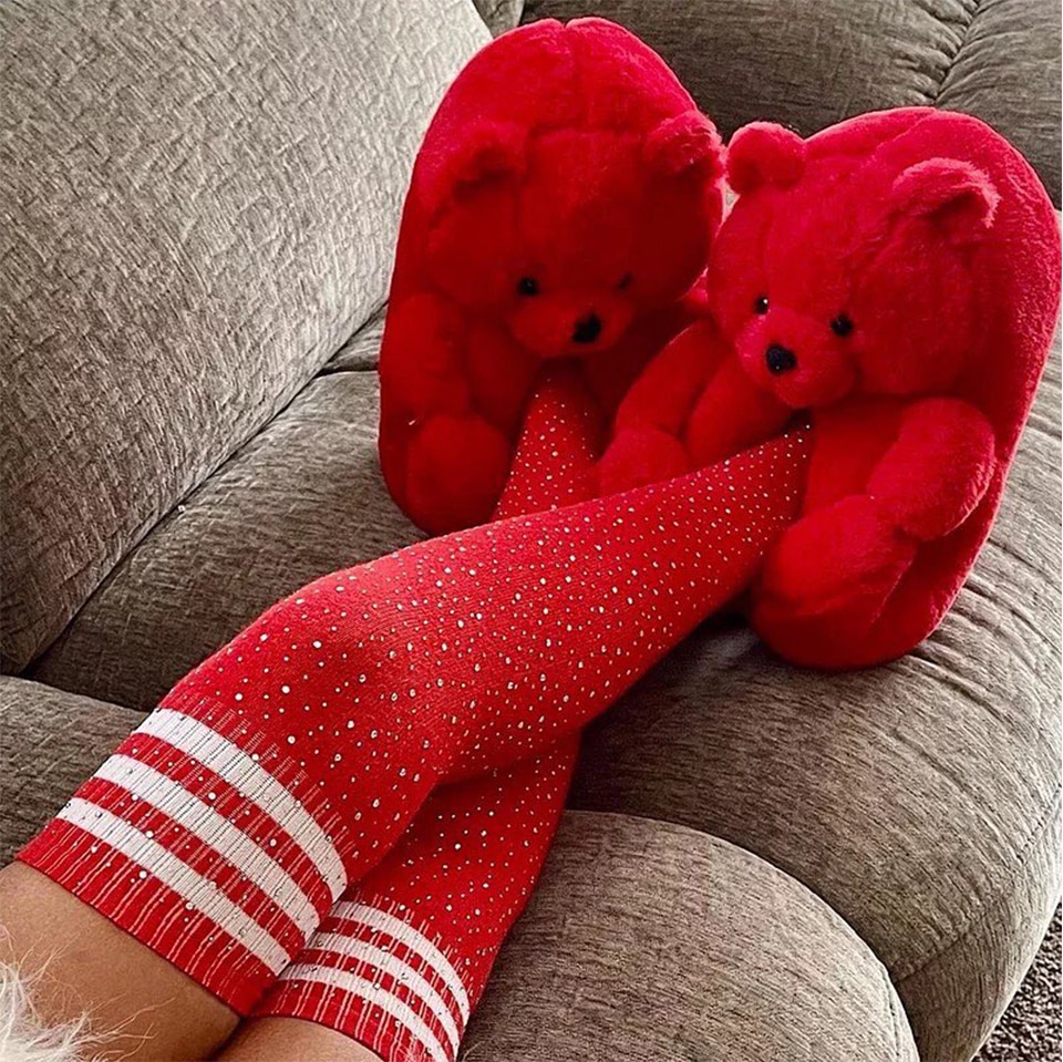 U-DOUBLE Brand Women Winter Plush Slippers Teddy Bear Christmas Cute Style Faux Fur Home Indoor Furry Soft Anti-slip Warm Shoes