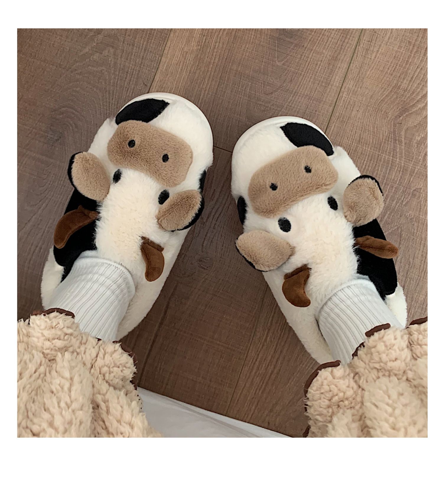 Soft Cute Girly Heart All-inclusive with Cow Cotton Slippers Women Winter Non-slip Warm Home Shoes