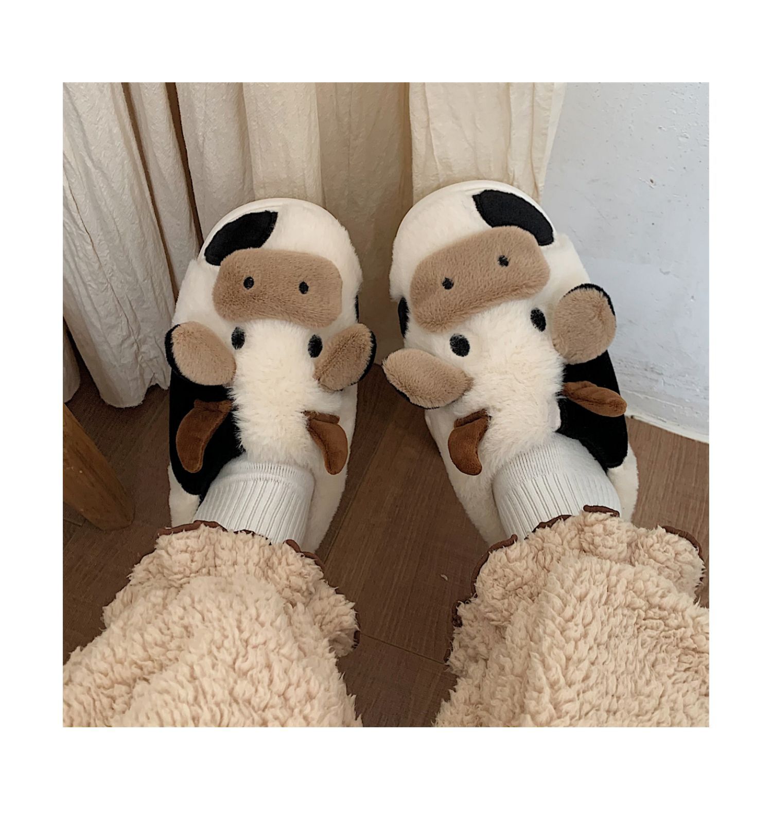 Soft Cute Girly Heart All-inclusive with Cow Cotton Slippers Women Winter Non-slip Warm Home Shoes