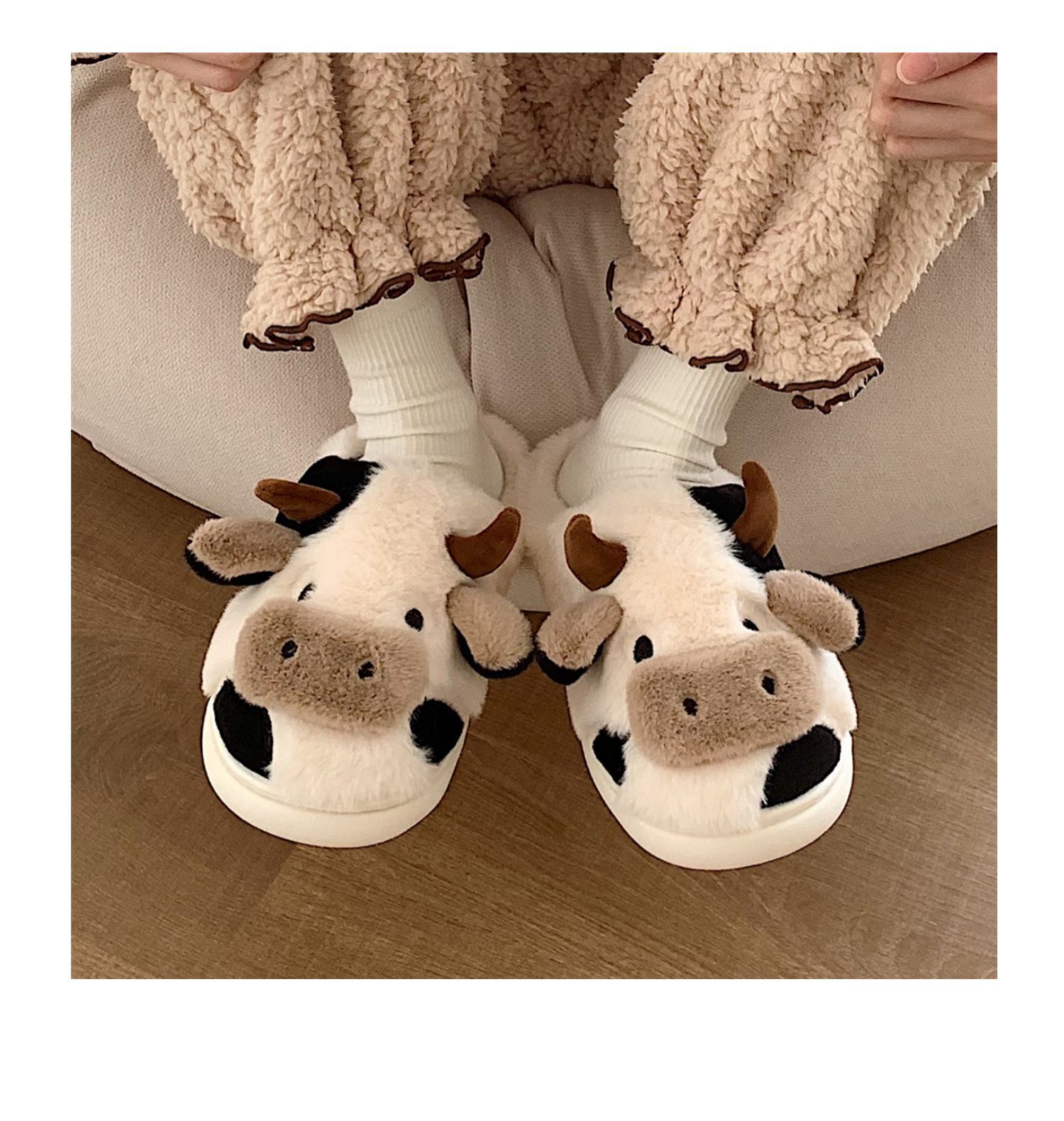 Soft Cute Girly Heart All-inclusive with Cow Cotton Slippers Women Winter Non-slip Warm Home Shoes