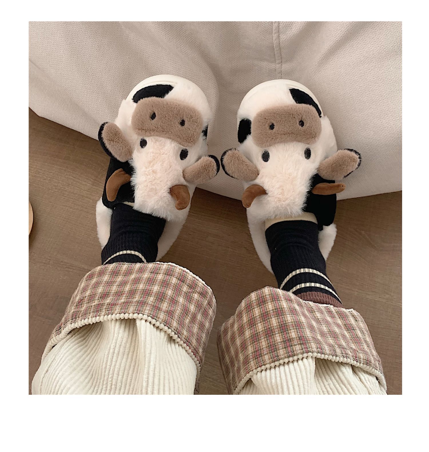 Soft Cute Girly Heart All-inclusive with Cow Cotton Slippers Women Winter Non-slip Warm Home Shoes