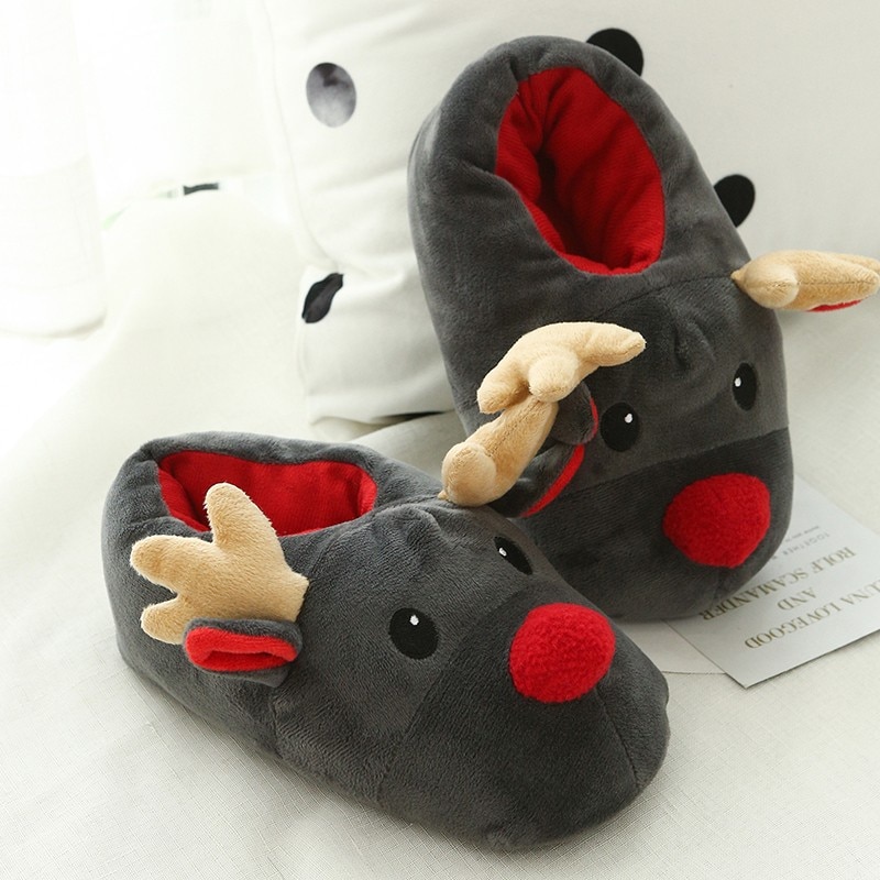 Women Men Slippers Couple Winter Soft Christmas Deer Cotton Slippers Cute Plush Cotton Indoor Bedroom Non-slip Soft Home Shoes