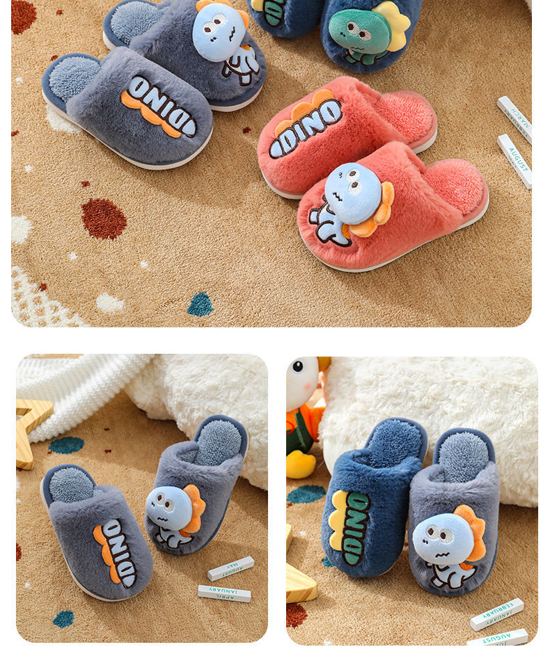 New Cute Little Dinosaur Baby Slippers Winter Warm Kids Furry Cotton Slippers Boys Girls Soft Anti-Slip Home Slipper Comfort