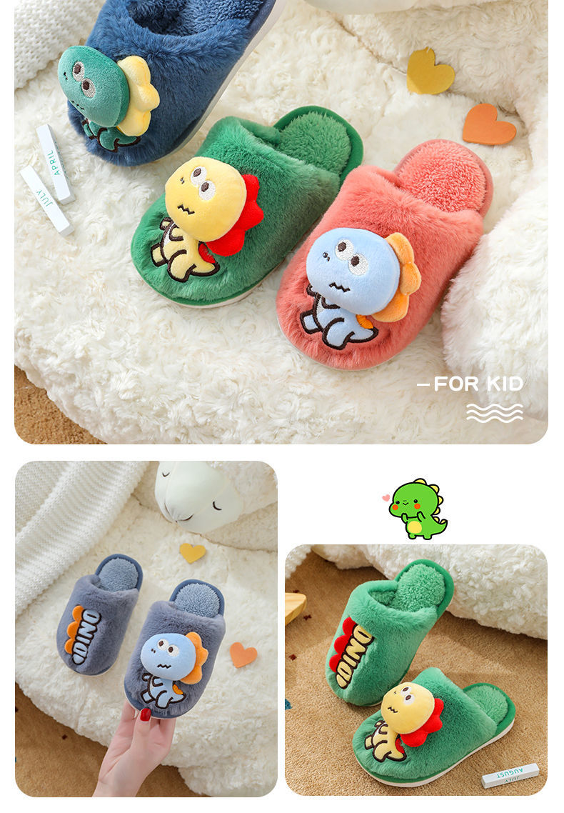 New Cute Little Dinosaur Baby Slippers Winter Warm Kids Furry Cotton Slippers Boys Girls Soft Anti-Slip Home Slipper Comfort