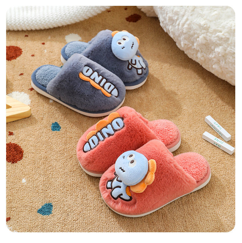 New Cute Little Dinosaur Baby Slippers Winter Warm Kids Furry Cotton Slippers Boys Girls Soft Anti-Slip Home Slipper Comfort