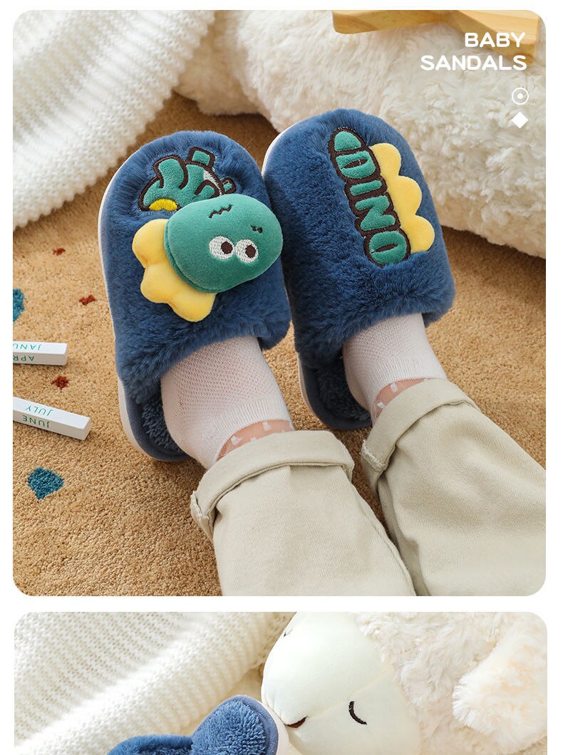 New Cute Little Dinosaur Baby Slippers Winter Warm Kids Furry Cotton Slippers Boys Girls Soft Anti-Slip Home Slipper Comfort