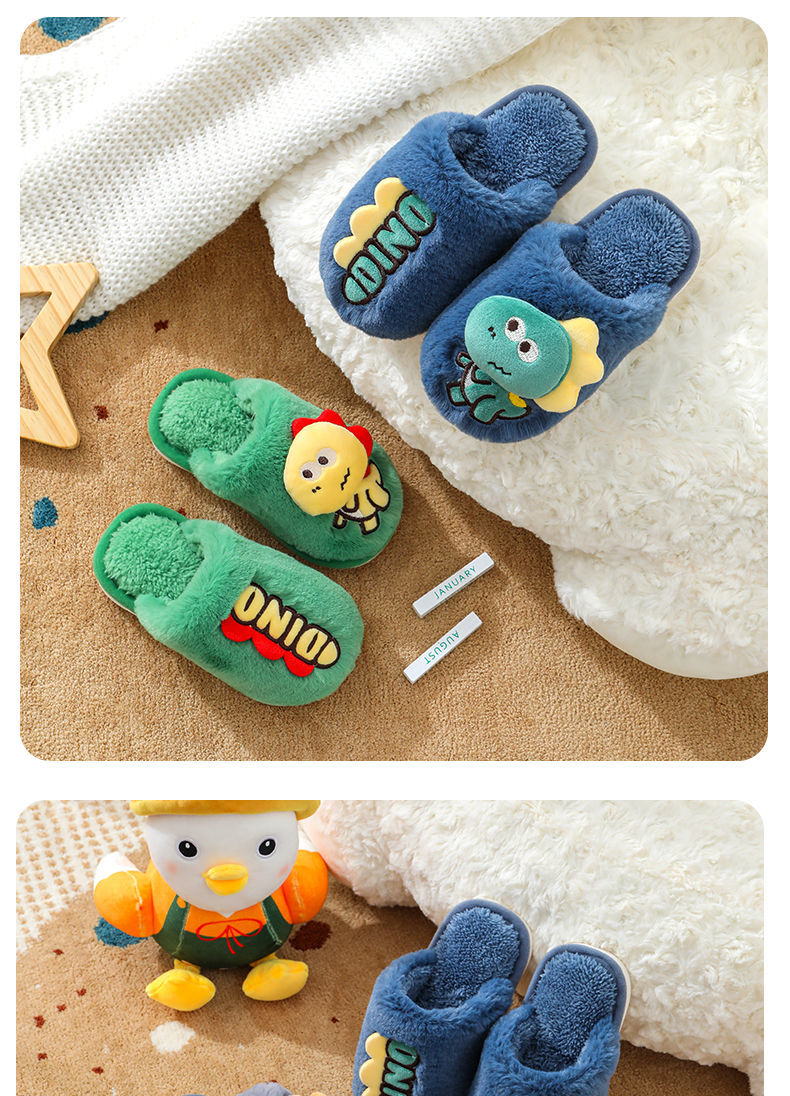 New Cute Little Dinosaur Baby Slippers Winter Warm Kids Furry Cotton Slippers Boys Girls Soft Anti-Slip Home Slipper Comfort