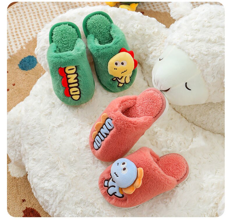 New Cute Little Dinosaur Baby Slippers Winter Warm Kids Furry Cotton Slippers Boys Girls Soft Anti-Slip Home Slipper Comfort