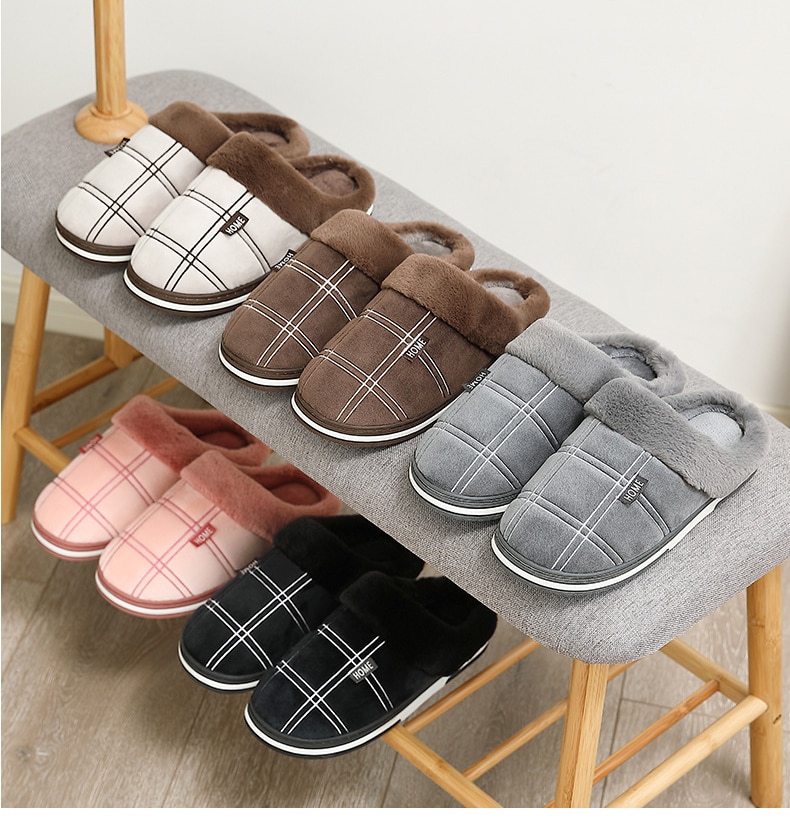 Winter home Men slippers Comfortable Soft Cotton slippers Men indoor Striped lattice plush Warm Big size home house slipper Male