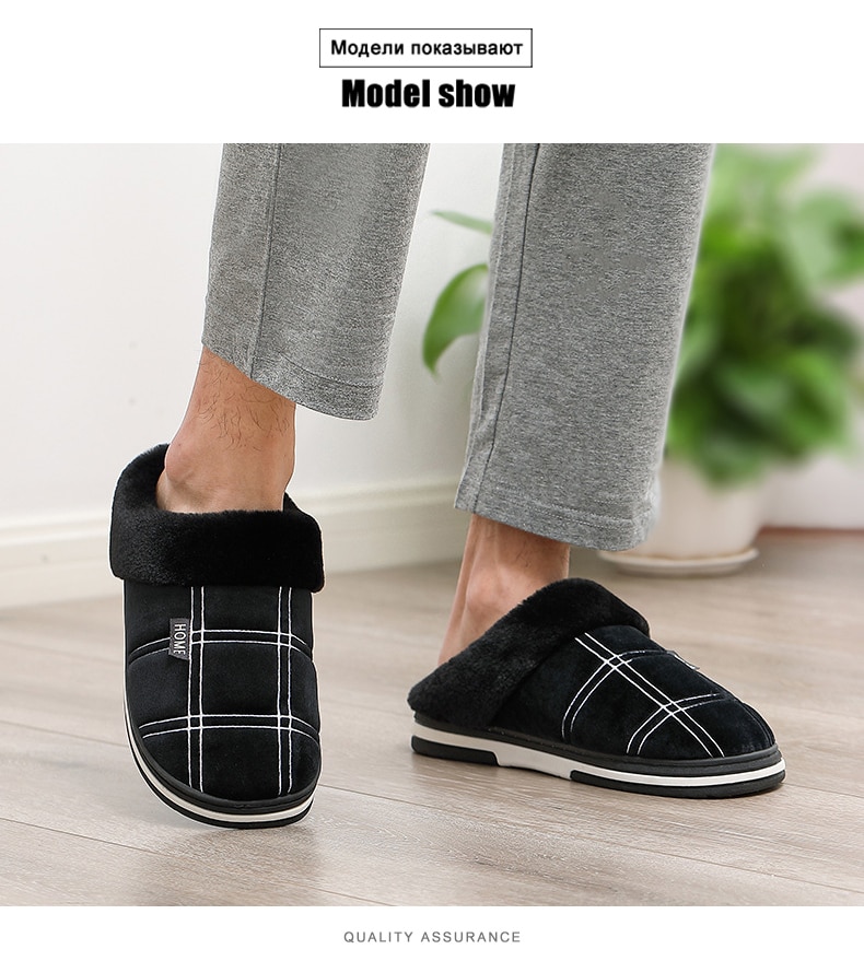 Winter home Men slippers Comfortable Soft Cotton slippers Men indoor Striped lattice plush Warm Big size home house slipper Male