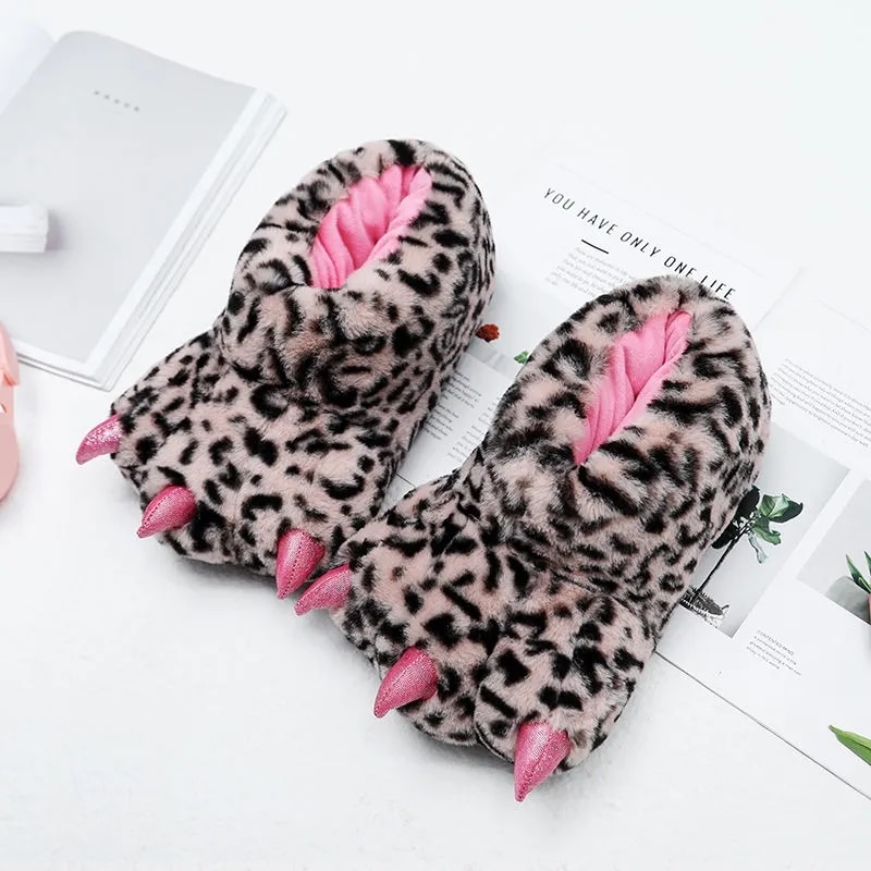 Women Man Fashion Winter Warm Indoor Cotton Cute Plush Slides Cartoon Bear Claw Slippers Home Cotton Slippers Couple Floor Shoes