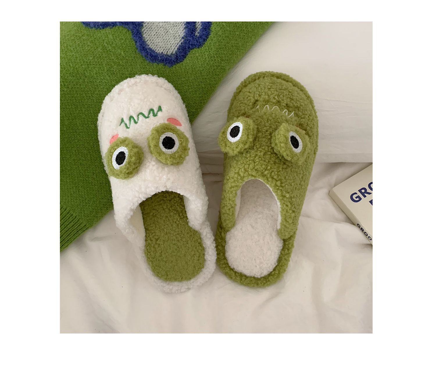 New girl heart cotton slippers female autumn and winter cartoon cute frog knot plush non-slip indoor confinement shoes household