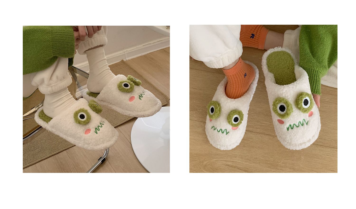 New girl heart cotton slippers female autumn and winter cartoon cute frog knot plush non-slip indoor confinement shoes household