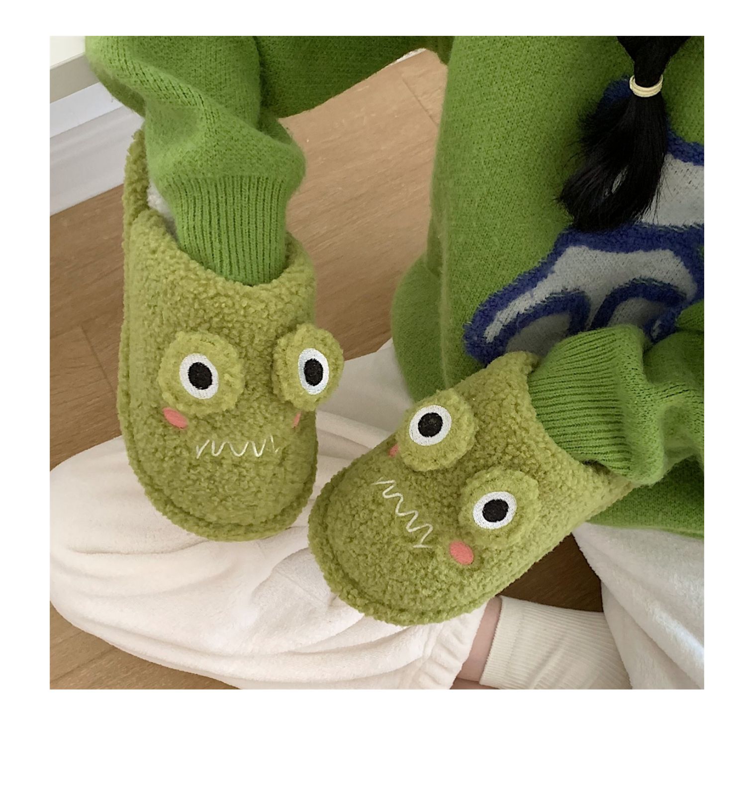 New girl heart cotton slippers female autumn and winter cartoon cute frog knot plush non-slip indoor confinement shoes household