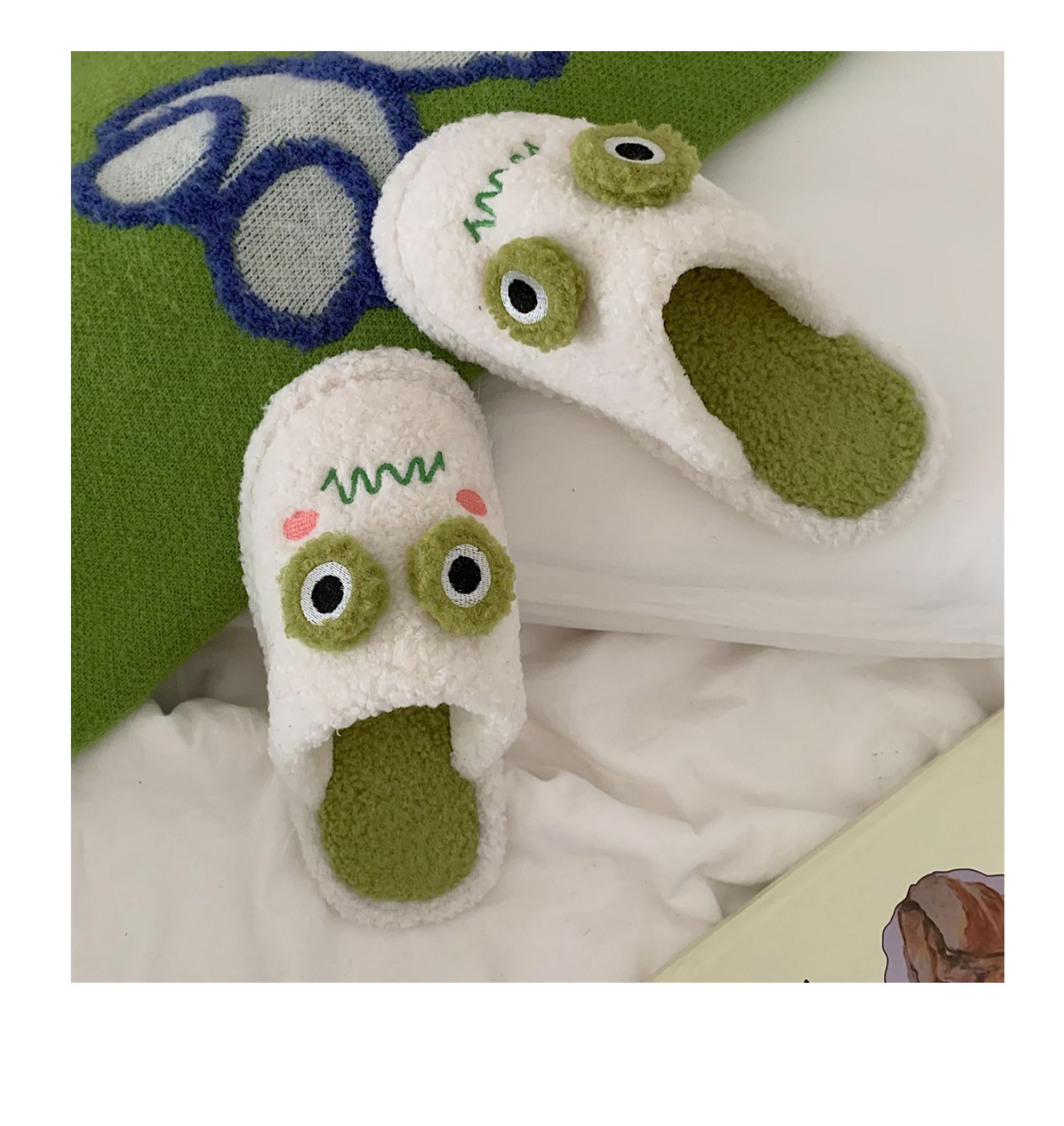 New girl heart cotton slippers female autumn and winter cartoon cute frog knot plush non-slip indoor confinement shoes household