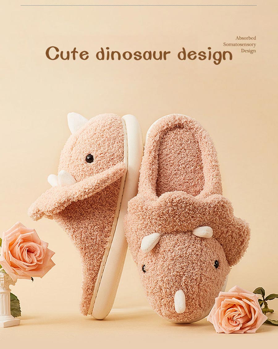 Home Winter Women Fluffy Slippers Cartoon Dinosaur Warm Fur Shoes Men Couple Non-slip Mute Bedroom Slipper Funny Flip Flops