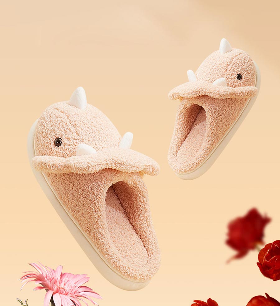 Home Winter Women Fluffy Slippers Cartoon Dinosaur Warm Fur Shoes Men Couple Non-slip Mute Bedroom Slipper Funny Flip Flops