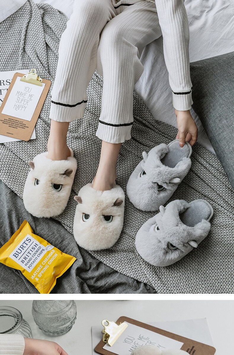 Home Cotton Slippers Women Autumn and Winter Cute Cartoon Animation Cozy Warm Plush Winter Shoes Non-slip Indoor Couple Slippers
