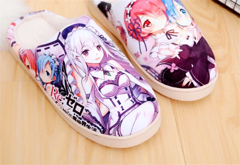 Japanese Anime Plush Shoes Re Zero kara Hajimeru Isekai Ram Rem Emilia Womens Warm Shoes Plush Antiskid Home Indoor Slippers