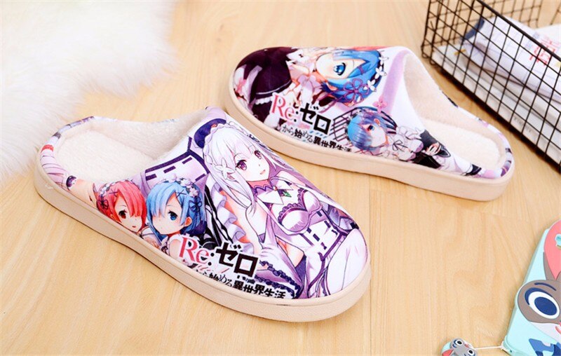 Japanese Anime Plush Shoes Re Zero kara Hajimeru Isekai Ram Rem Emilia Womens Warm Shoes Plush Antiskid Home Indoor Slippers