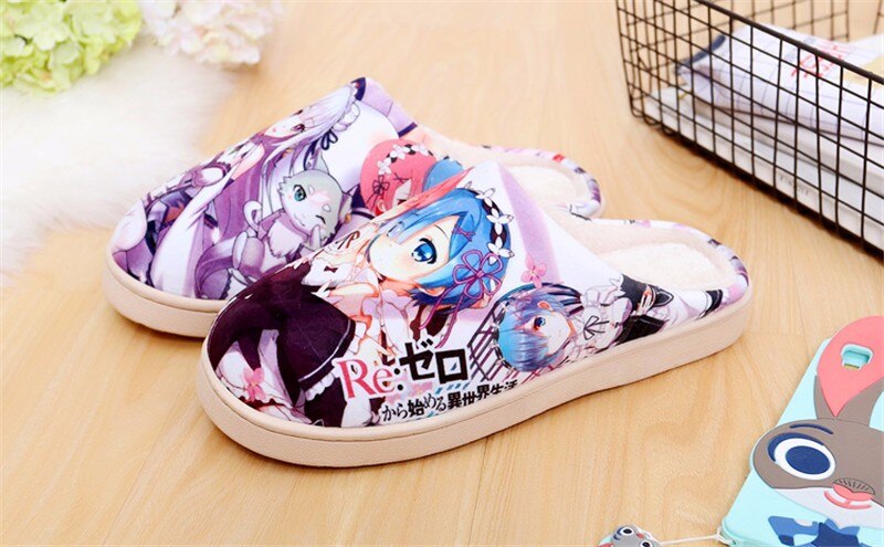 Japanese Anime Plush Shoes Re Zero kara Hajimeru Isekai Ram Rem Emilia Womens Warm Shoes Plush Antiskid Home Indoor Slippers