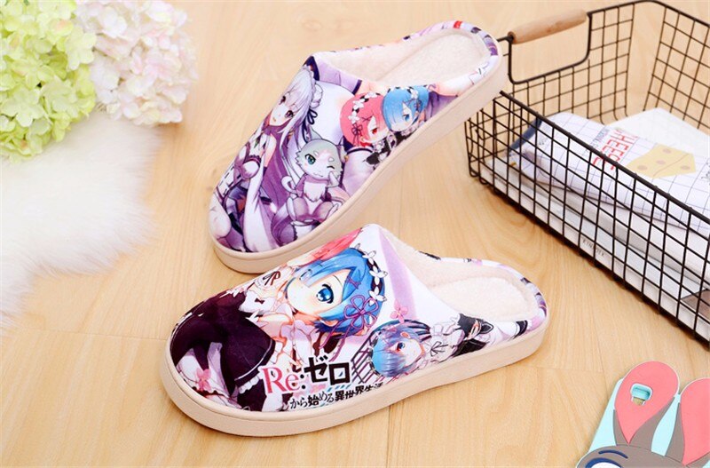 Japanese Anime Plush Shoes Re Zero kara Hajimeru Isekai Ram Rem Emilia Womens Warm Shoes Plush Antiskid Home Indoor Slippers