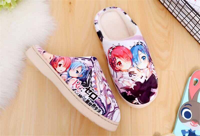 Japanese Anime Plush Shoes Re Zero kara Hajimeru Isekai Ram Rem Emilia Womens Warm Shoes Plush Antiskid Home Indoor Slippers