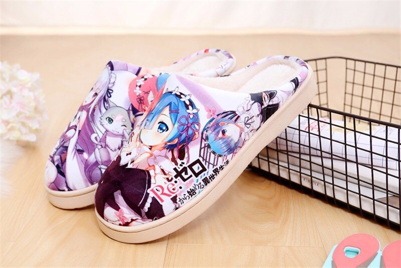 Japanese Anime Plush Shoes Re Zero kara Hajimeru Isekai Ram Rem Emilia Womens Warm Shoes Plush Antiskid Home Indoor Slippers