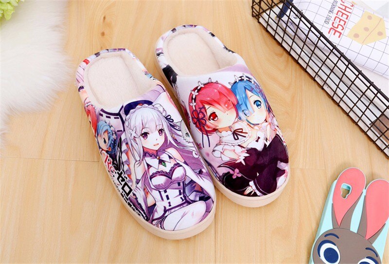 Japanese Anime Plush Shoes Re Zero kara Hajimeru Isekai Ram Rem Emilia Womens Warm Shoes Plush Antiskid Home Indoor Slippers