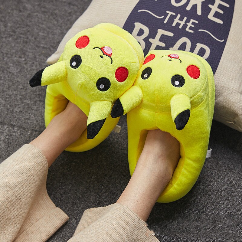 Winter Women Warm Plush Home Slippers Soft Comfortable Pikachu Anime Slippers Yellow Family Bedroom Slippers Chaussons Femme