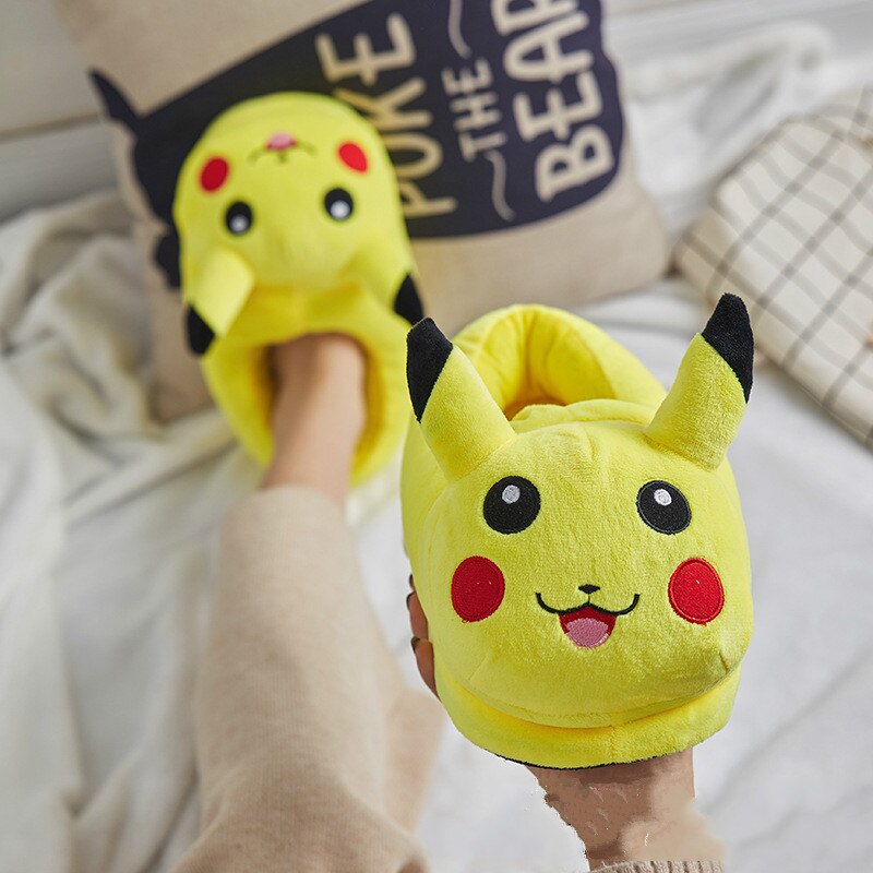 Winter Women Warm Plush Home Slippers Soft Comfortable Pikachu Anime Slippers Yellow Family Bedroom Slippers Chaussons Femme