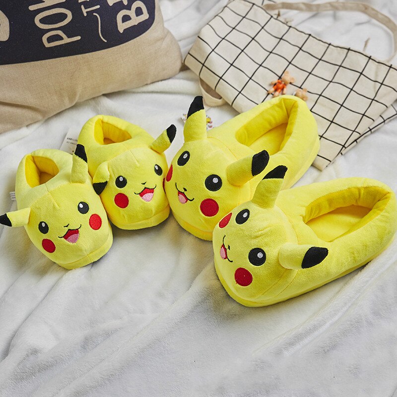 Winter Women Warm Plush Home Slippers Soft Comfortable Pikachu Anime Slippers Yellow Family Bedroom Slippers Chaussons Femme